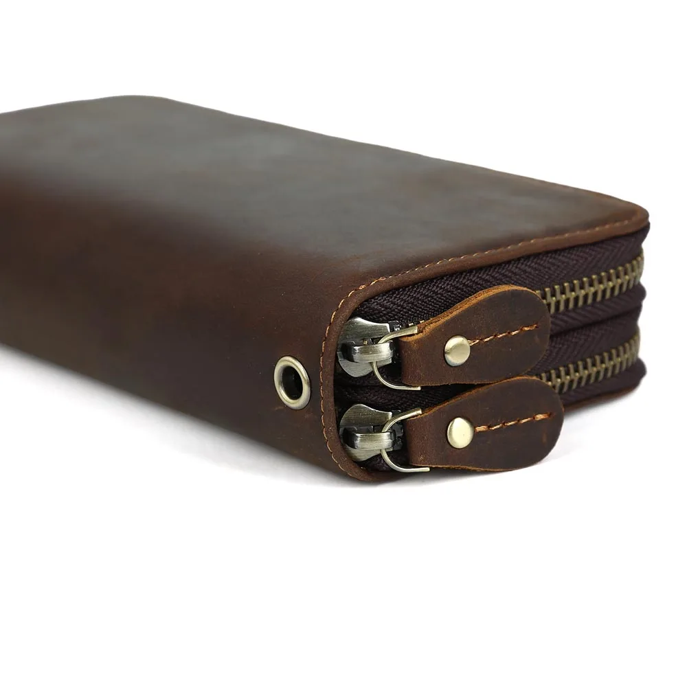 
Custom Vintage 100% Crazy Horse Leather Long Purse Men Handmade Double Zipper Long Genuine Leather Clutch Wallet For Men 