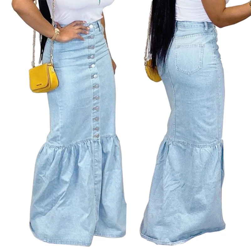 Best seller high waist button splicing maxi bud ladies clothing fashion woman denim skirt