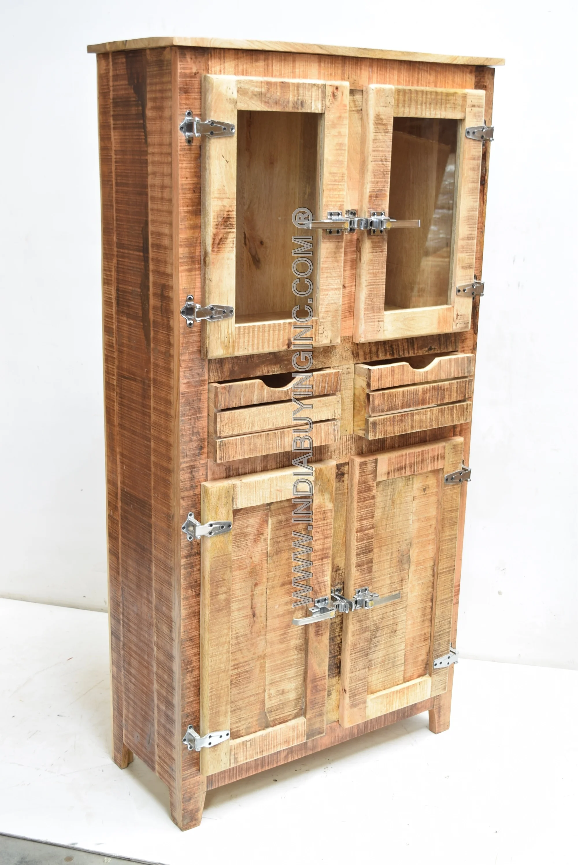 Indian Handmade Furniture Vintage Recycled Wooden Mirrored Display Rack Storage Cabinet for Home Kitchen and Commercial Places