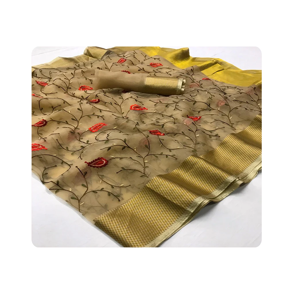 Beautiful Hand Work Saree With Tissue Work And Golden Heavy Border From Indian Wholesaler