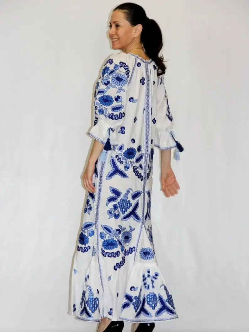 
winter stylish women ukrainian jacket floral embroidery work puff long sleeve full length ukrainian jacket dress 