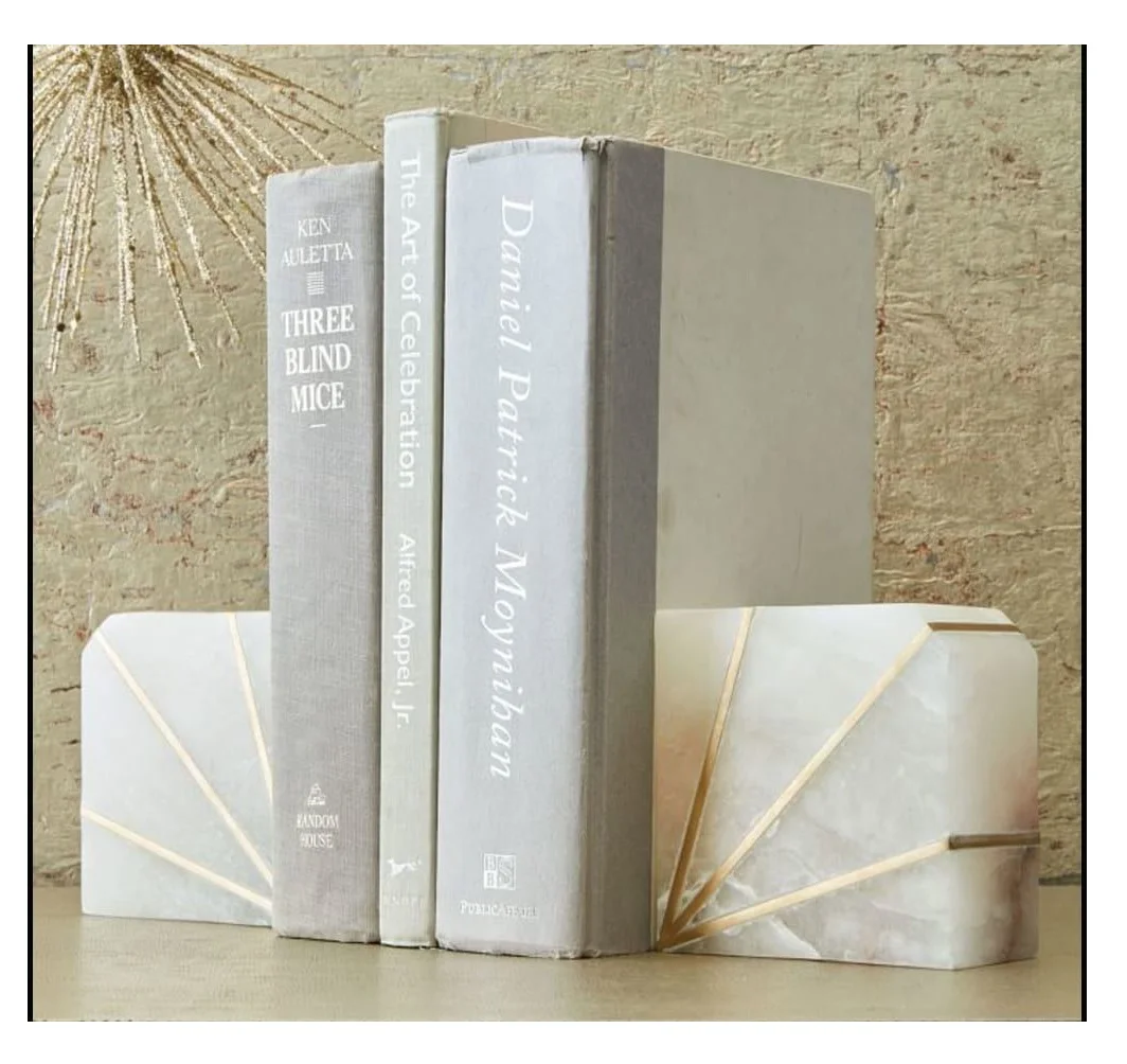 Custom marble stone column style bookend set for bookcase small home office use with marble brass inlay at wholesale price