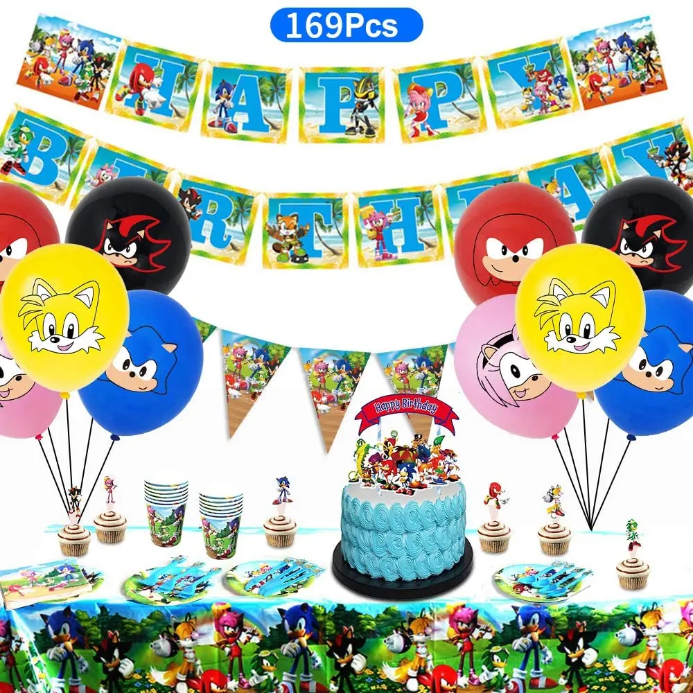
So-nic Party Supplies for Kids Birthday, Son-ic Party Decorations Included Tableware Tablecloth Birthday Banner Balloons 