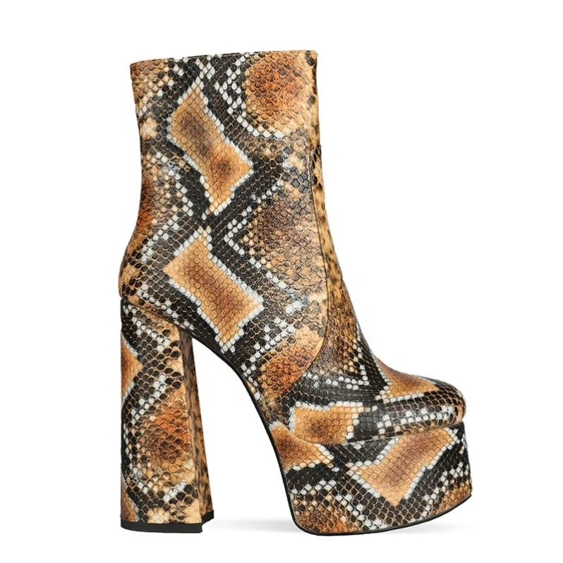 
WETKISS Custom Brand Shoes Wholesale Super High Heel Boots Women Shoes Platform Boots Sexy Snakeskin Boots with Block Heel 