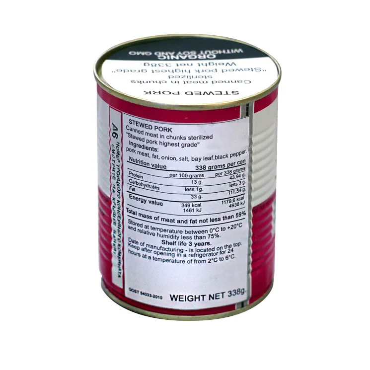 
Organic canned meat food in asortiment: beef, pork luncheon 