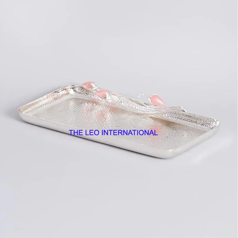 Aluminum metal silver plated rice hammered square shape natural agate stone handle 12X10X1 Inch tableware dinning decoration
