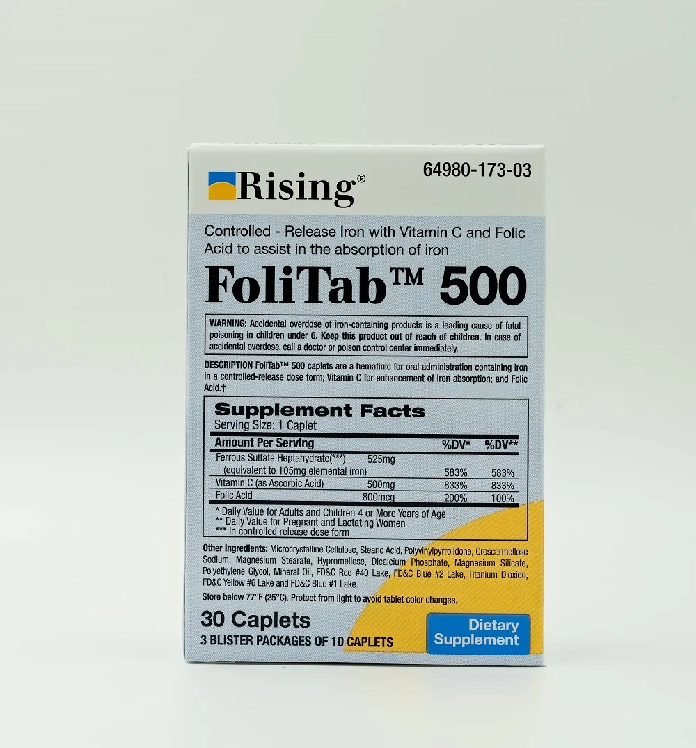 
High Beneficial Dietary Supplement FoliTab 500 - Elemental Iron with Vitamin C and Folic Acid - 30 Caplets 