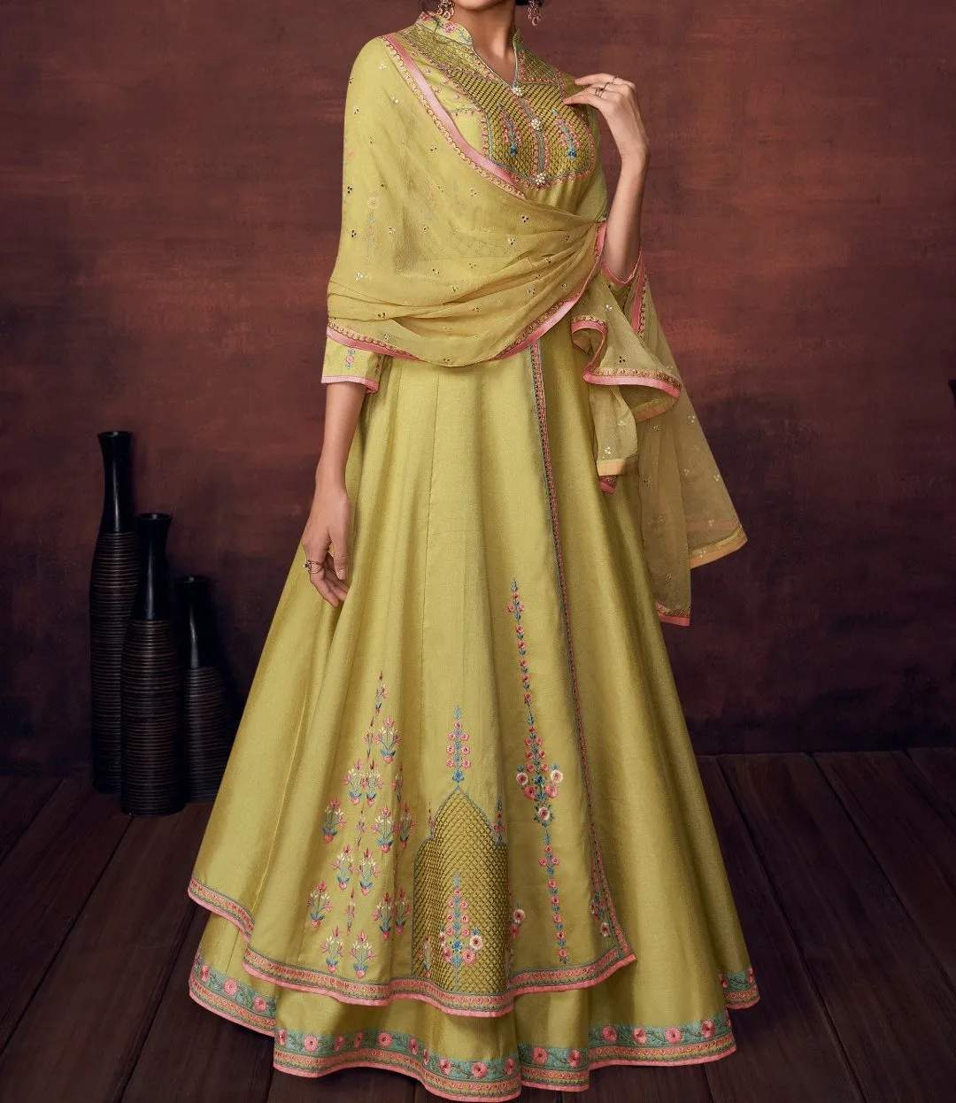 Stitched Silk Embroidered Anarkali Suit Set Traditional Woven Thread Work Handmade Handcrafted Parties Festivals Functions