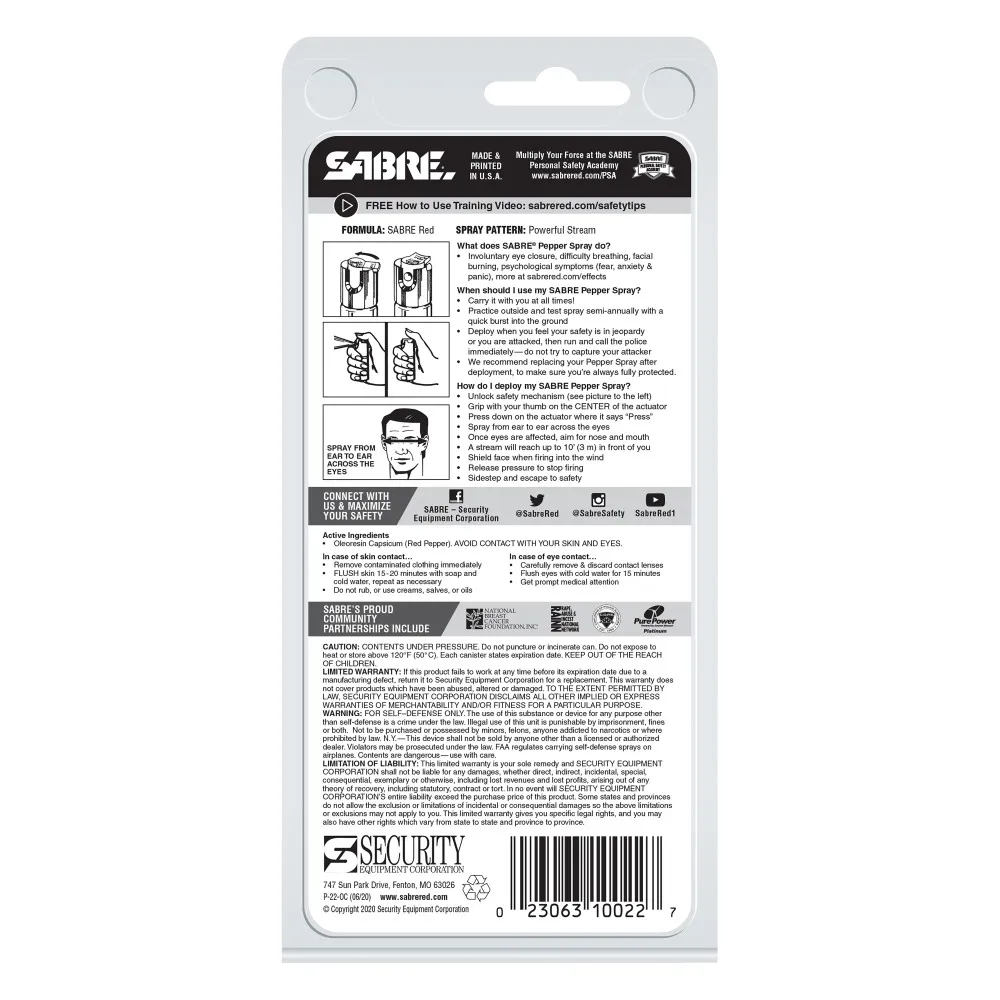 SABRE Pepper Spray With Attachment Clip, 35 Bursts (5X the Competition), 10-Foot (3-Meter) Range, Twist Lock Safety, Black