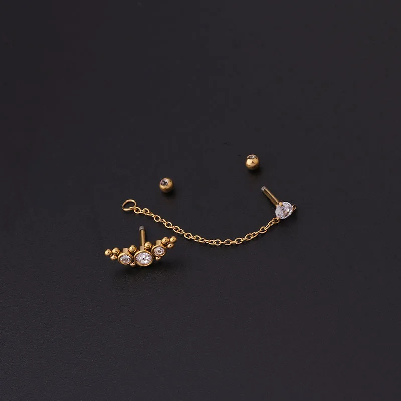 16G Stainless Steel Jewelry Wholesale Gold Cubic Zirconia Dangle Double Piercing Tassel Chain Stud Earrings