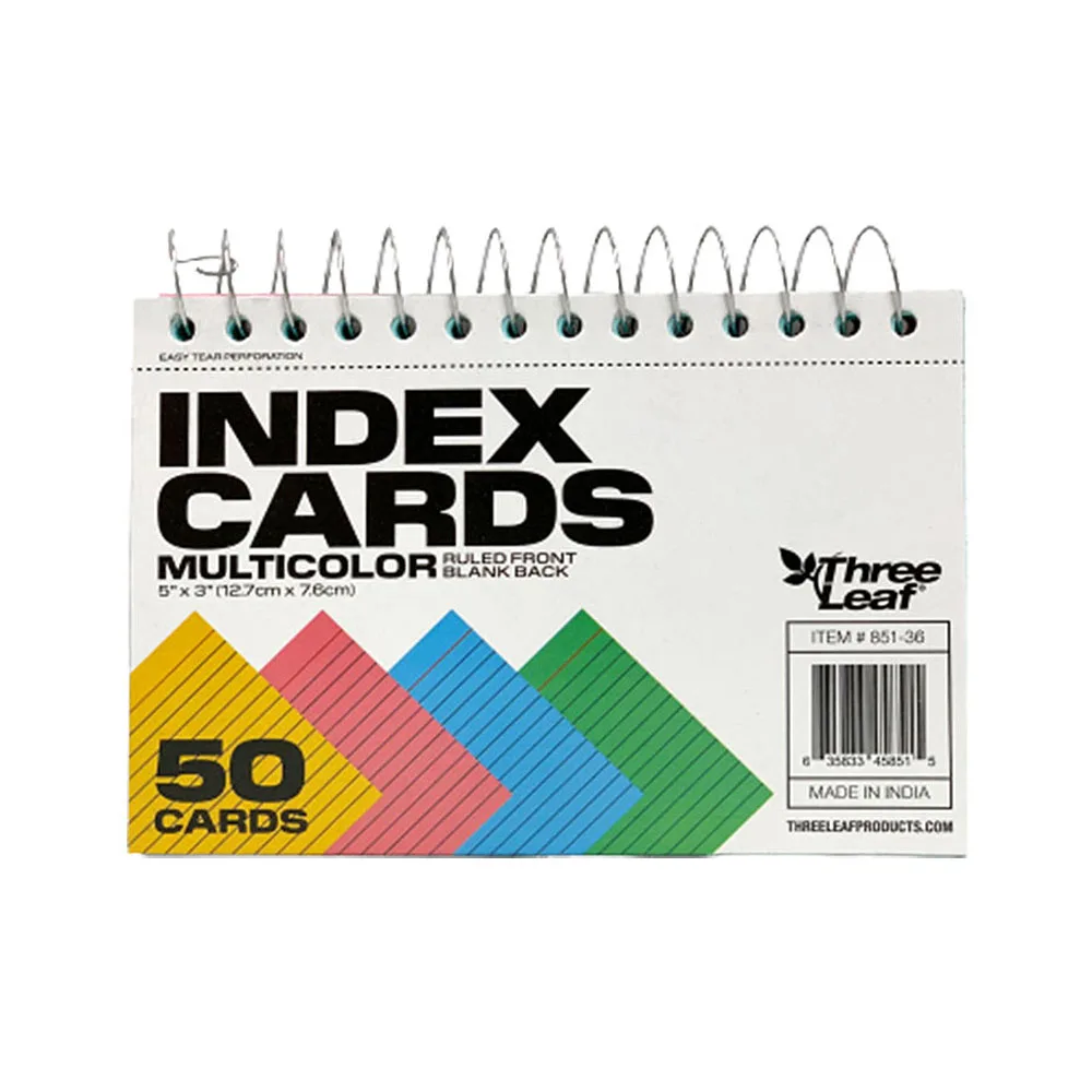 Three Leaf 3 X 5 50 CT 3 X 5 SPIRAL BOUND RULED COLOR  INDEX CARD Premium Quality
