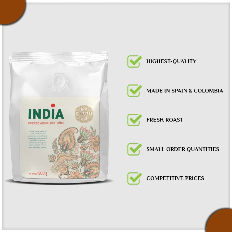 Bulk Stock Good Quality 0.5kg Weight White Label 500gm India Rich Whole Coffee Bean
