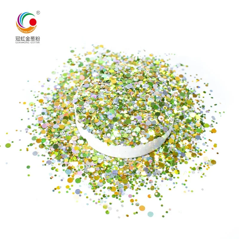 GH1986 Hot Selling Bulk PET Craft Chunky Glitter Mixed Sizes Round Holographic Phantom Laser Glitter Powder For Kids