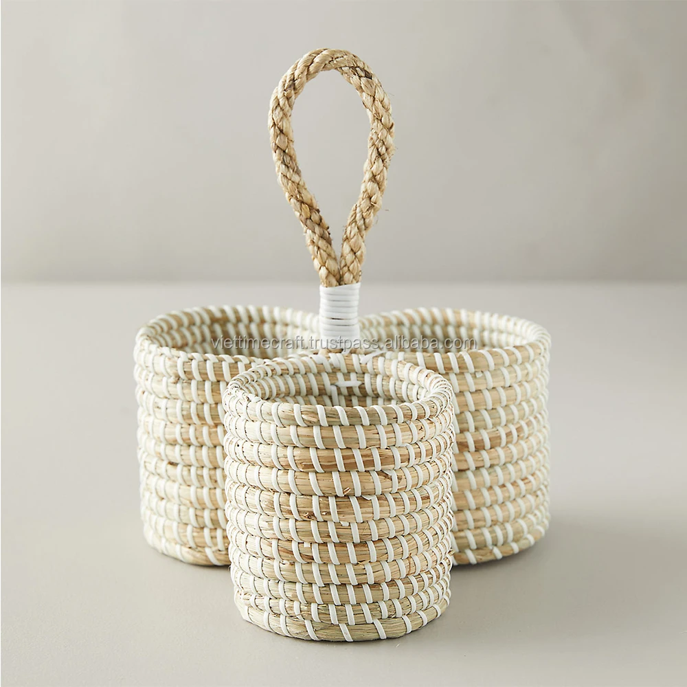 Seagrass utensil caddy rattan cutlery basket kitchen storage organizer holder
