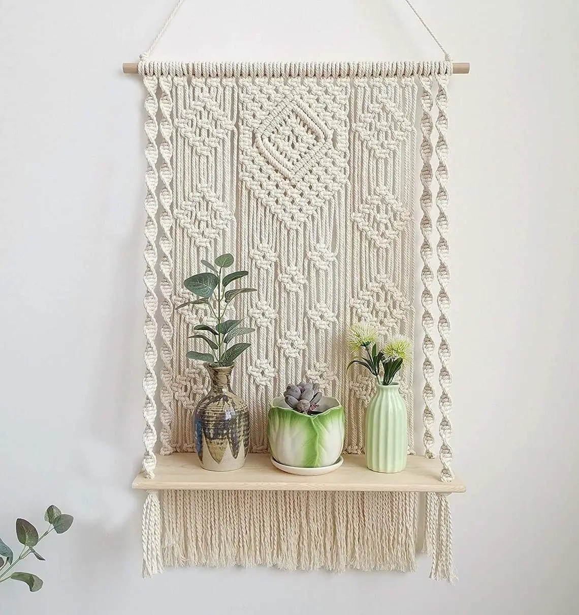 Bohemian Style Hand-Woven Macrame Wall Hanging Floating Shelf for Living Room Decorations Wall Decor
