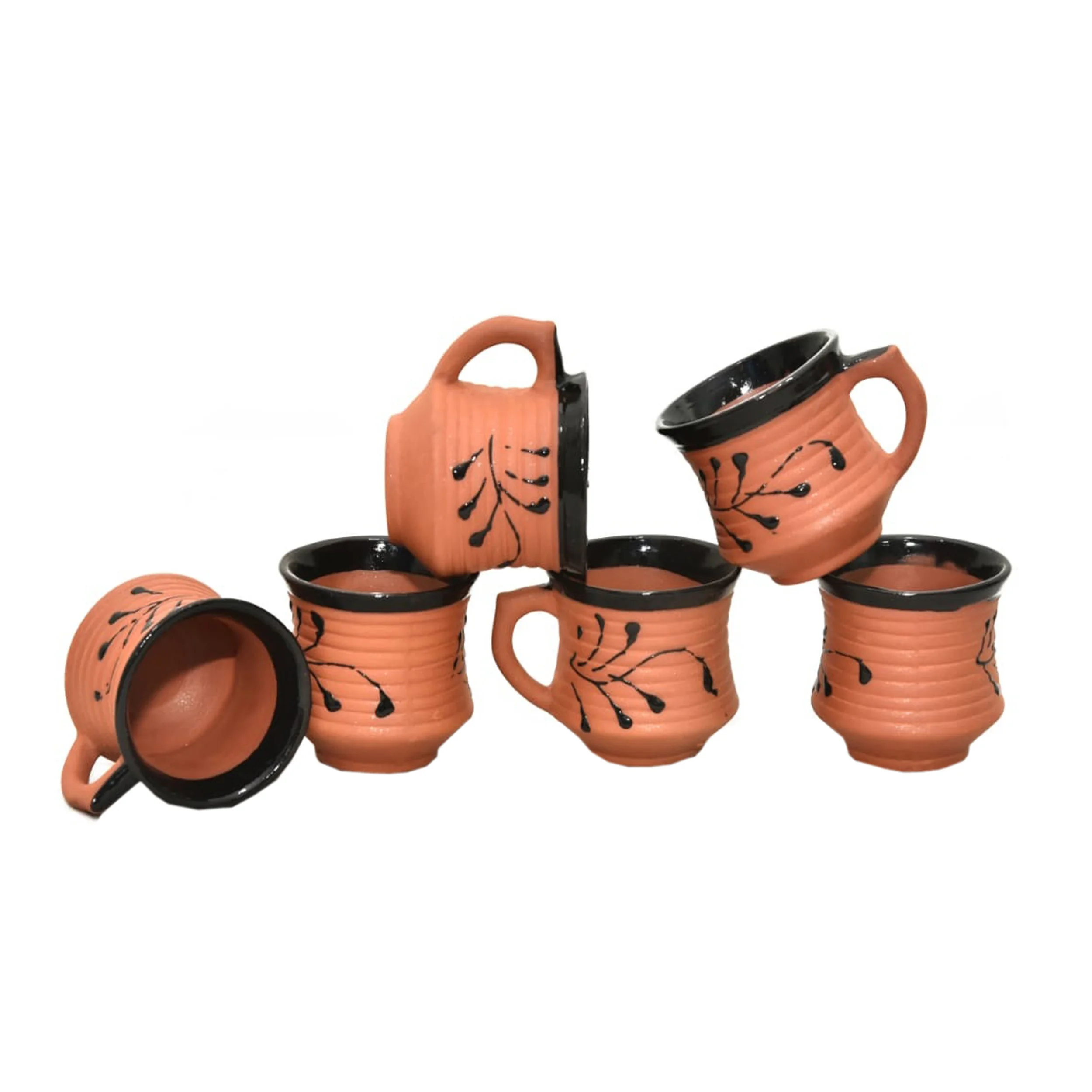 Handmade clay glazed round tray 4 cups set indian pottery cups brown terracotta pottery cups set