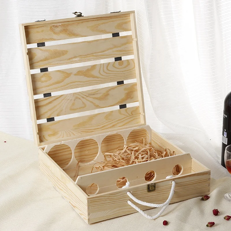 European Hot Sell Decorated Gift Wooden Wine Box for 4 Bottles with Handle