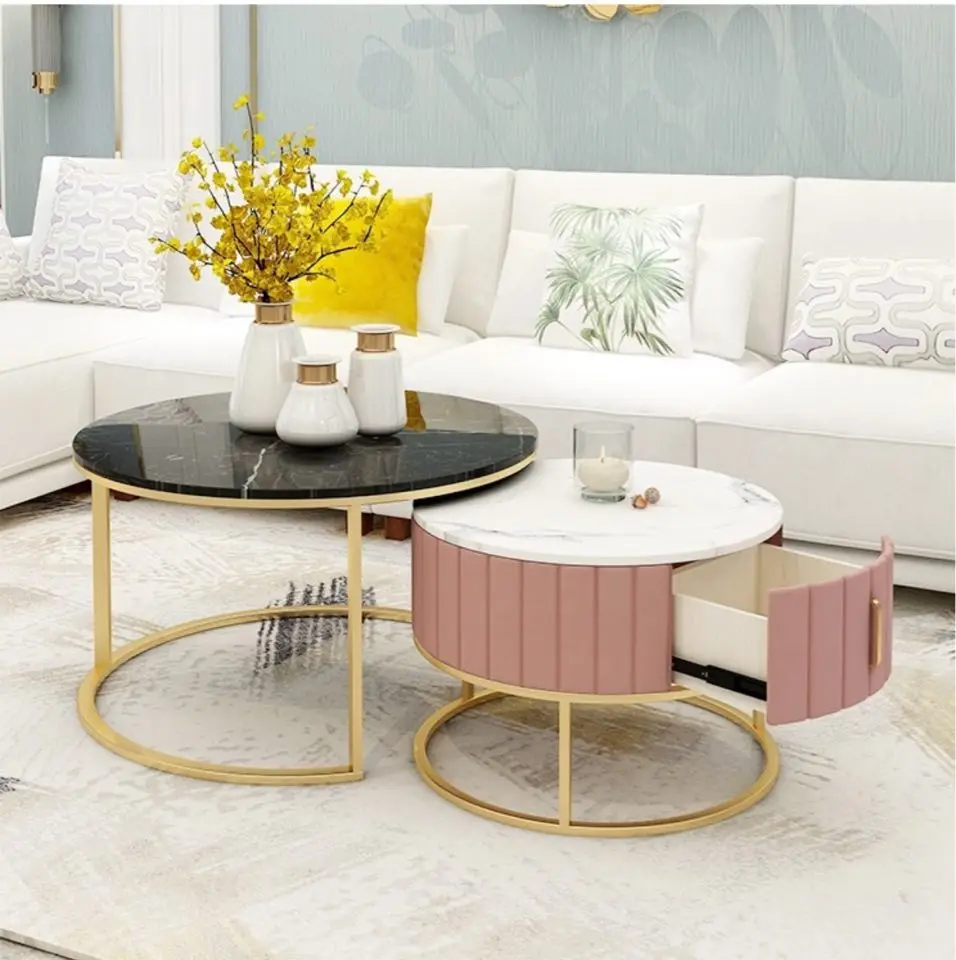 Nordic Wrought Iron Marble Coffee Table Luxury Marmor Center Table Set Round Gold Modern Living Room Furniture sehpa