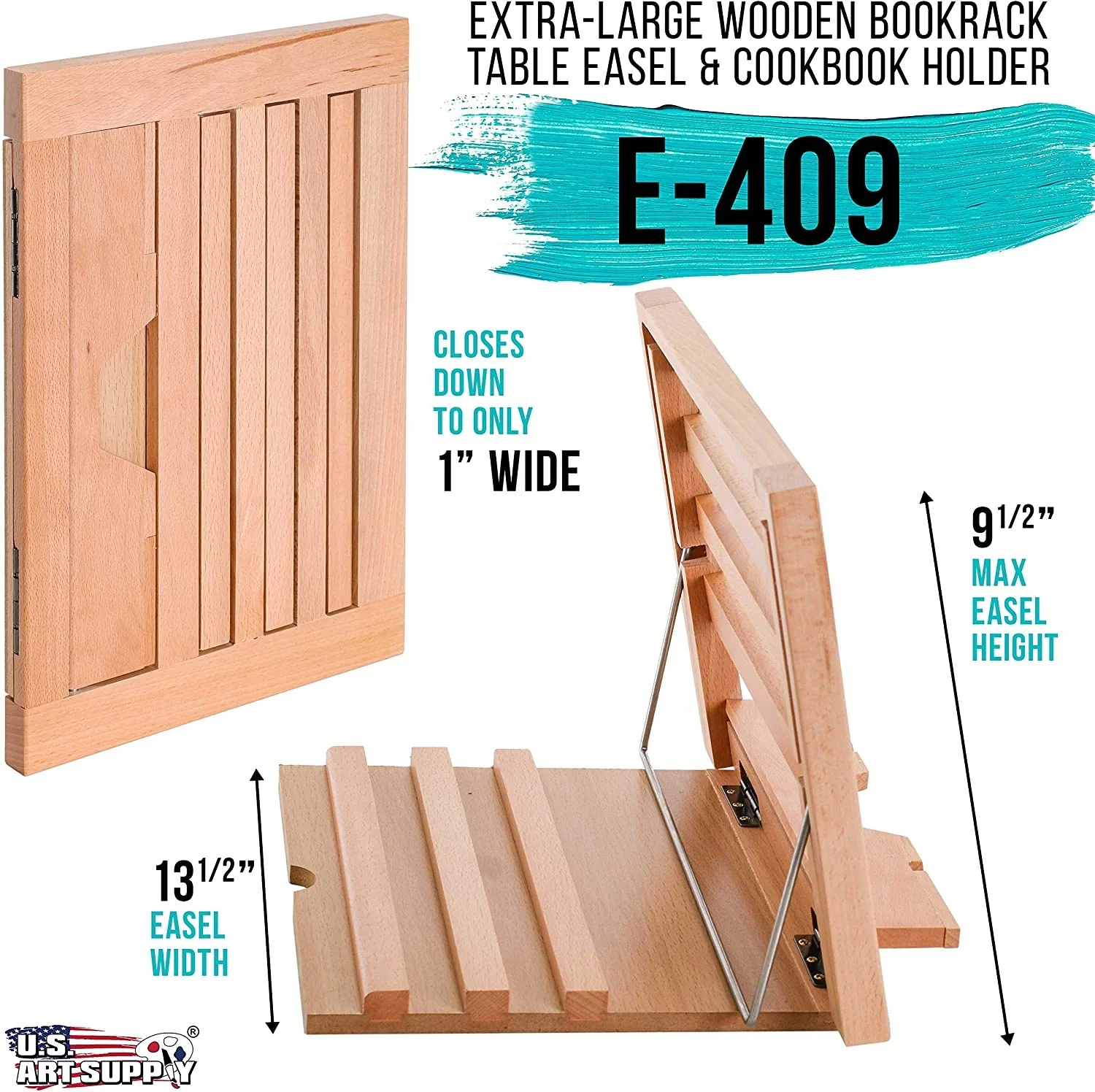 Large Wooden Table Easel, Cookbook Stand, Text Book Tablet Rest, Premium Beechwood - Adjustable Incline, 2 Flip-Up Page Holders