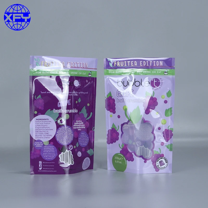 Custom printed stand up resealable ziplock plastic packaging bags with clear window for for body scrub and bath salts packing