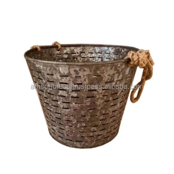 American Style Galvanized Metal Planter Olive Bucket With Rope Side Handles for home decor & garden Customizable