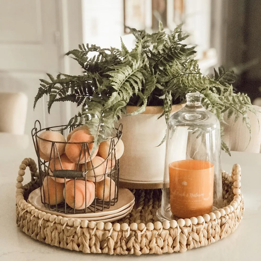 Round Beaded Woven Water Hyacinth Basket Tray Coffee, Food/Coffee Serving Tray/Decorative Storage
