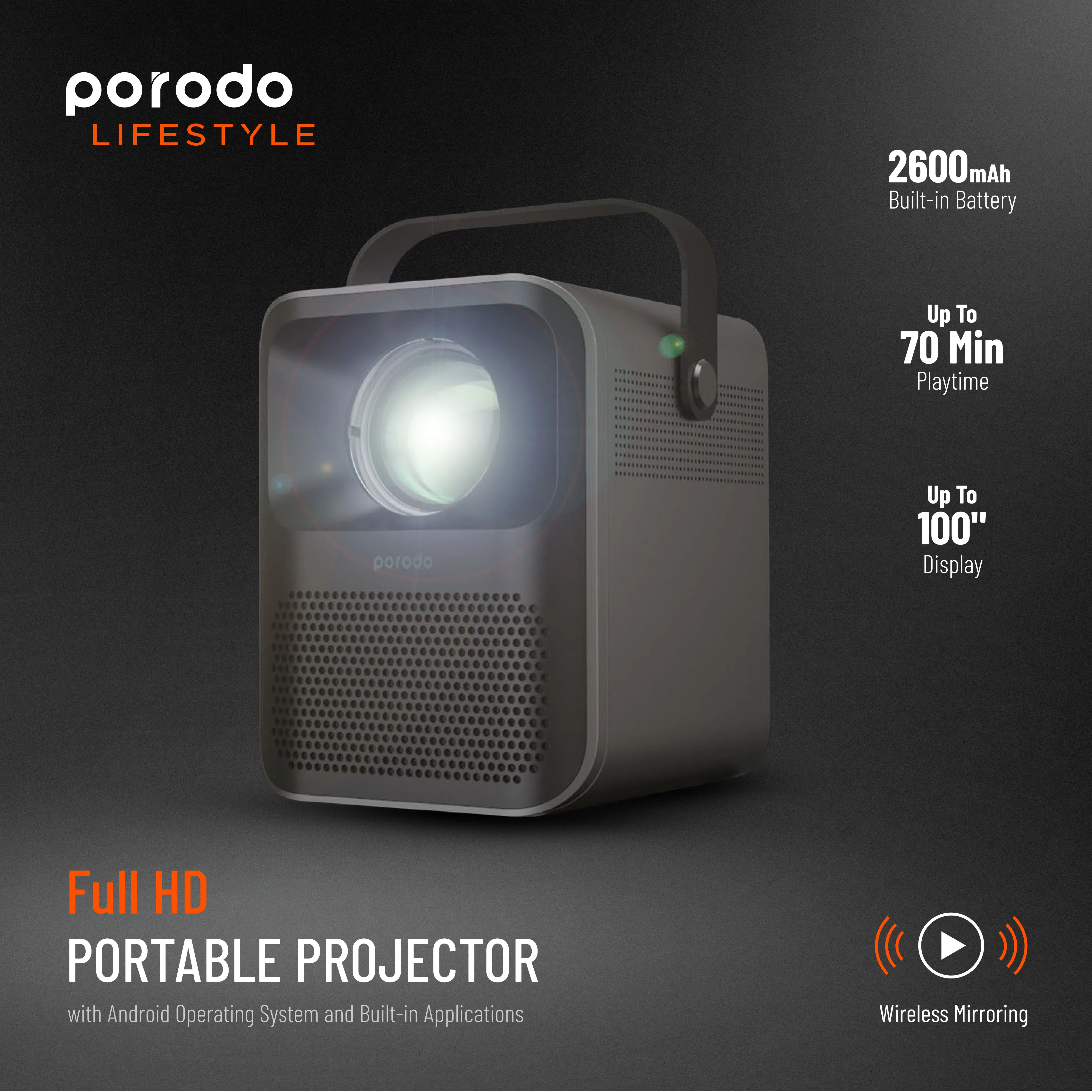 Умный портативный проектор Porodo 1080P с Wi-Fi беспроводной Android iOS App 4K экран высокой четкости
