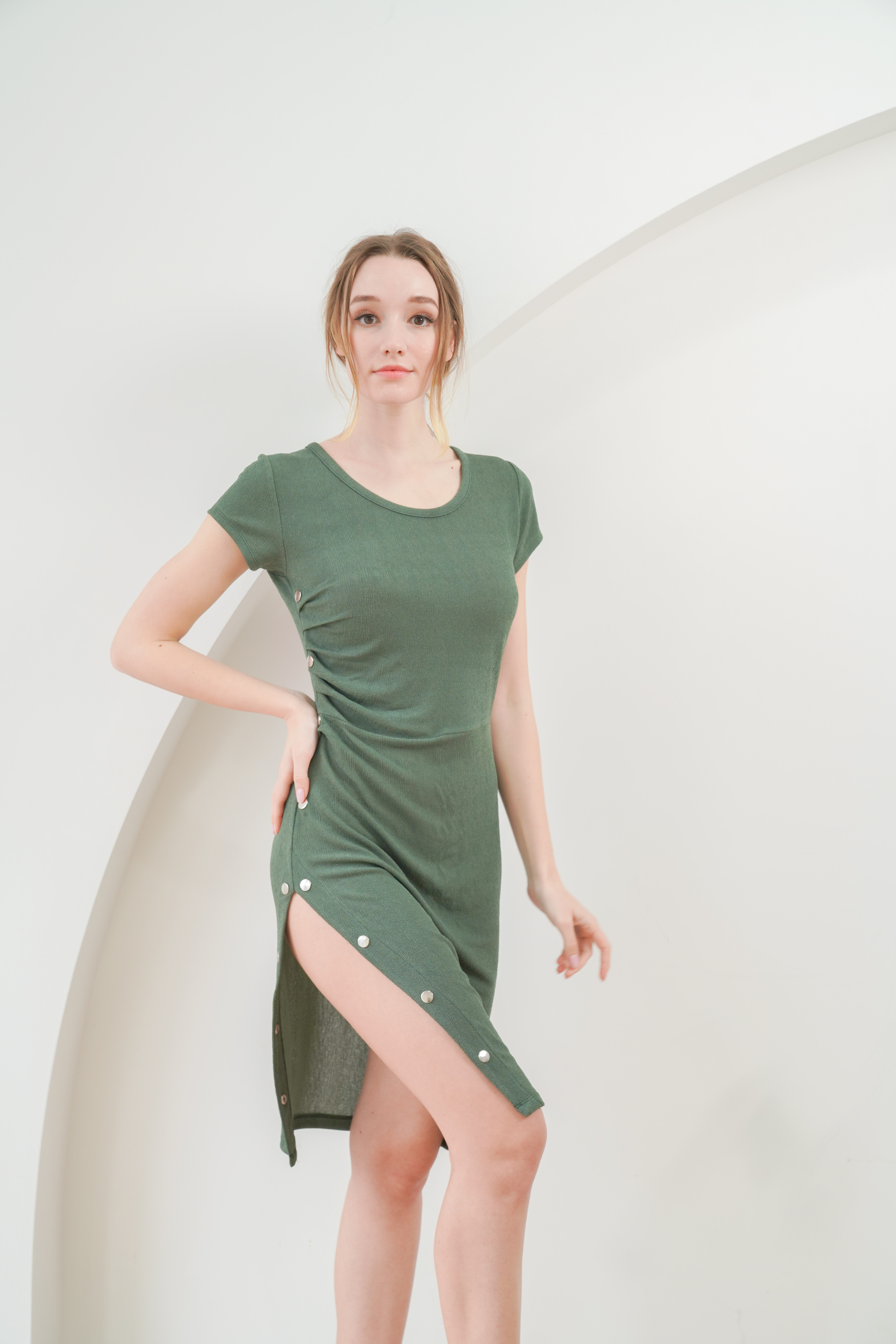 Latest Hot Style Women Dress Ladies Casual Roched Split Button Dress