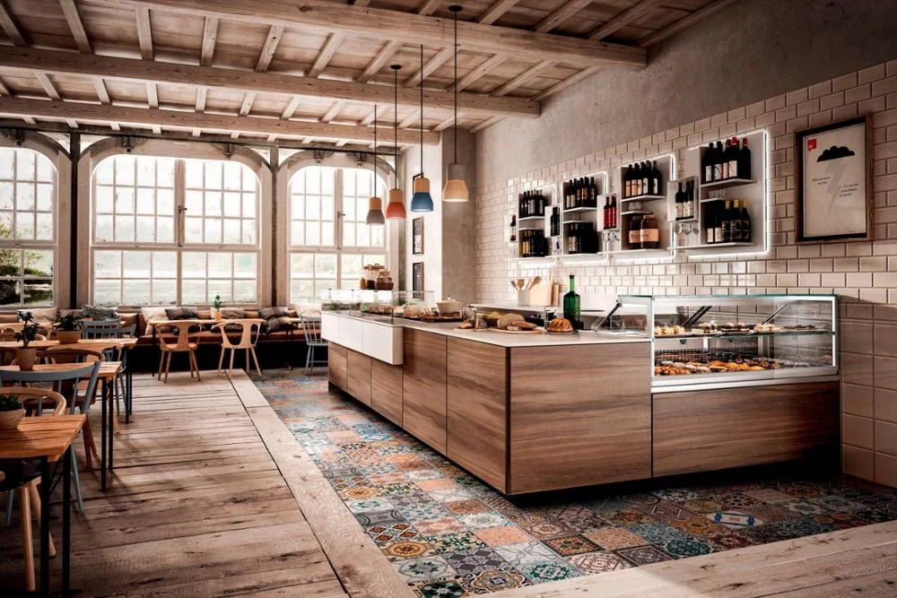 Wooden Bar Counter Upright L-Shapee Bakery Shop Interior Design Ice Cream Display Cabinet