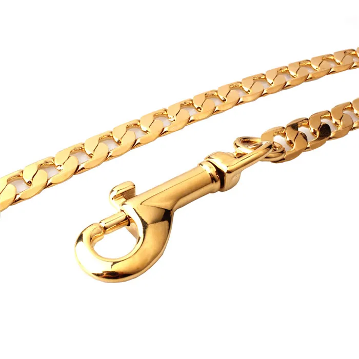 
Wholesale Pet Products Gold Plated Brass Copper Flat Chain Dog Leash Custom Leather Handle 