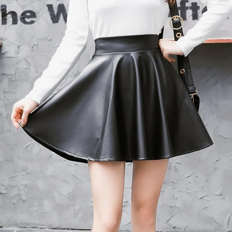 
2021 autumn winter black cheap formal office lady girl skirt pu leather A line high waisted mini skirt women By Unbroken Style 