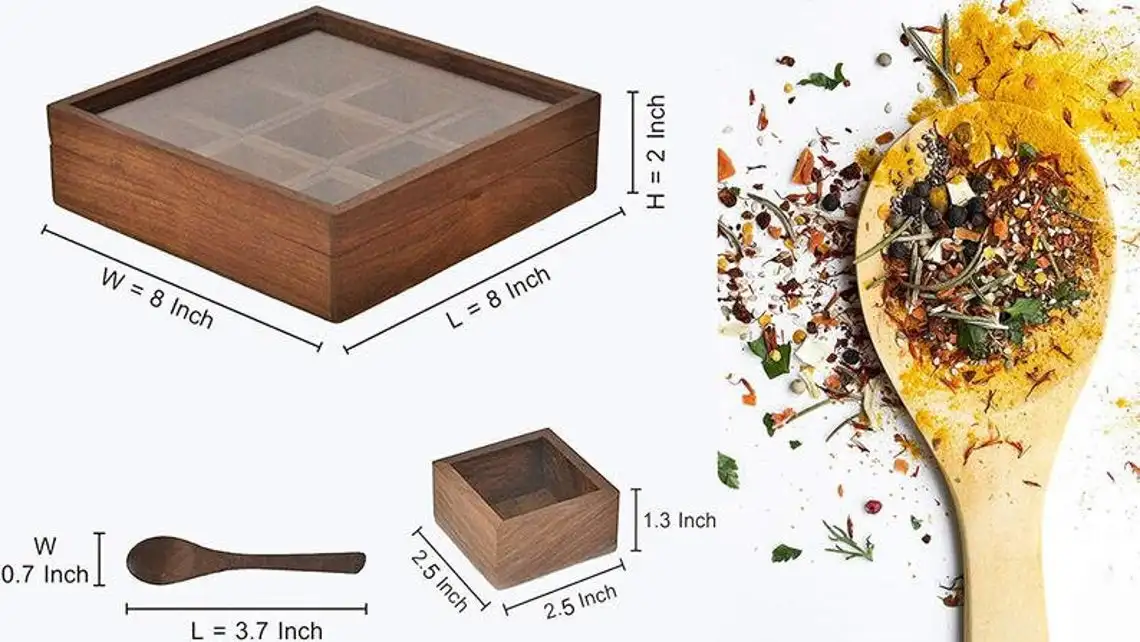 Wooden Spice Box set of 9 Containers Table Top Masala Dabba Containers Jars with Spoon