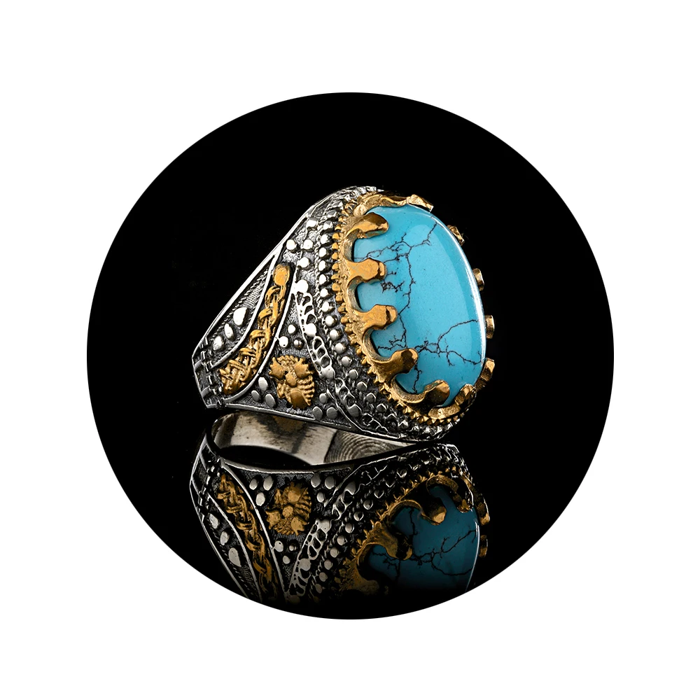 Blue Sapphire Ring Men Natural Stone Ring 925 Sterling Silver Turkish Style Ring for Men