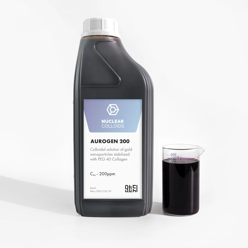 Aurocell 200 - Innovative Colloid Solution of Gold Nanoparticles Coated w/Collagen, Scope of application: Medicine & Cosmetic,