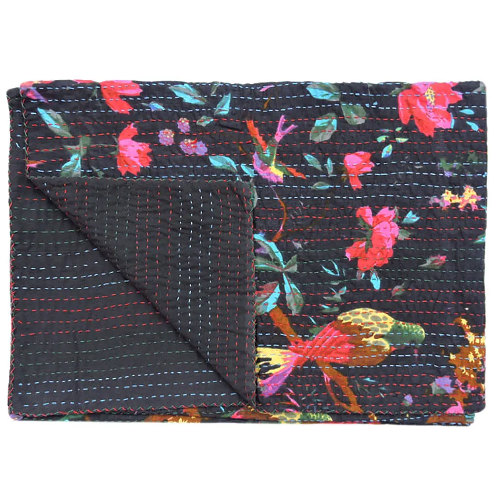 Handmade Black Bird kantha quilt Boho Bedspread