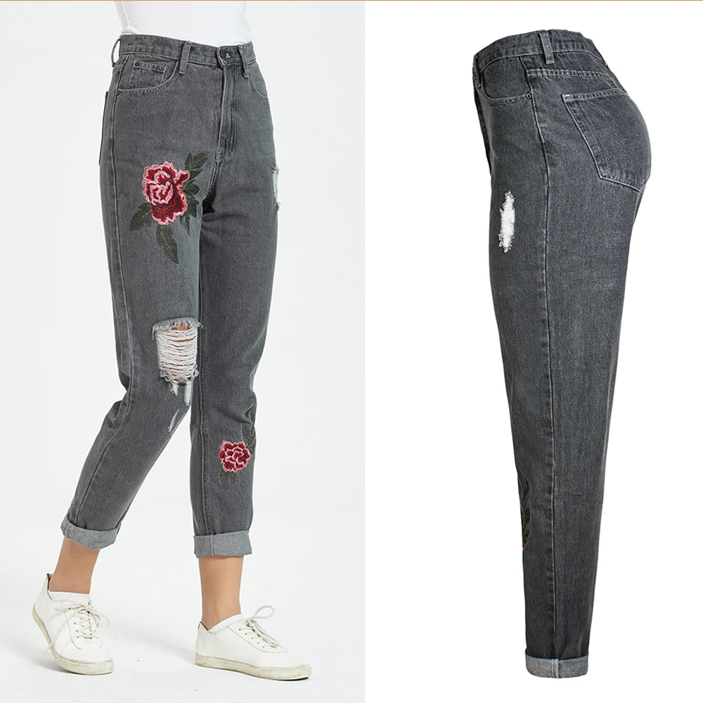 
Flower Embroidery Jeans High Waist Female Pocket Straight Jeans Women Bottom Hole Casual Denim Pants 