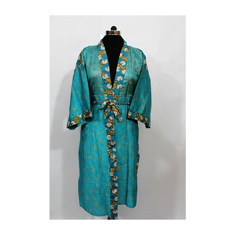 Top Quality Silk Sari Printed Kimono Robe with Double Pockets and Belt Design Long Cover Up Kimono Robe for Women and Girls