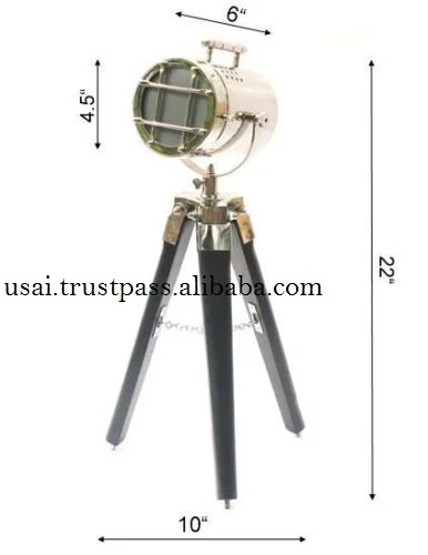 PREMIUM QUALITY NICKEL PLATED SEARCHLIGHT ON WOODEN BLACK TRIPOD STAND ~ NAUTICAL SPOTLIGHT LAMP ON STAND