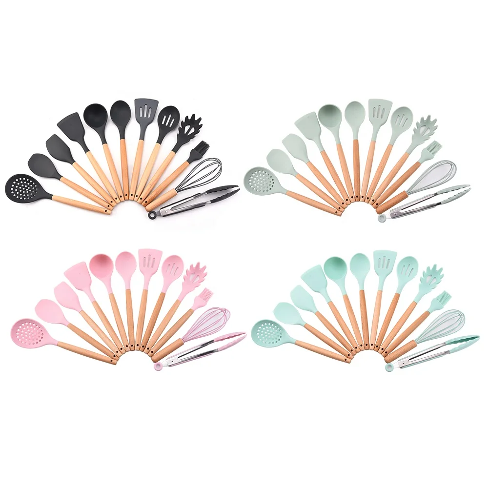 
Top selling high quality 13pcs silicone utensil set with beech wood handle with utensil holder 