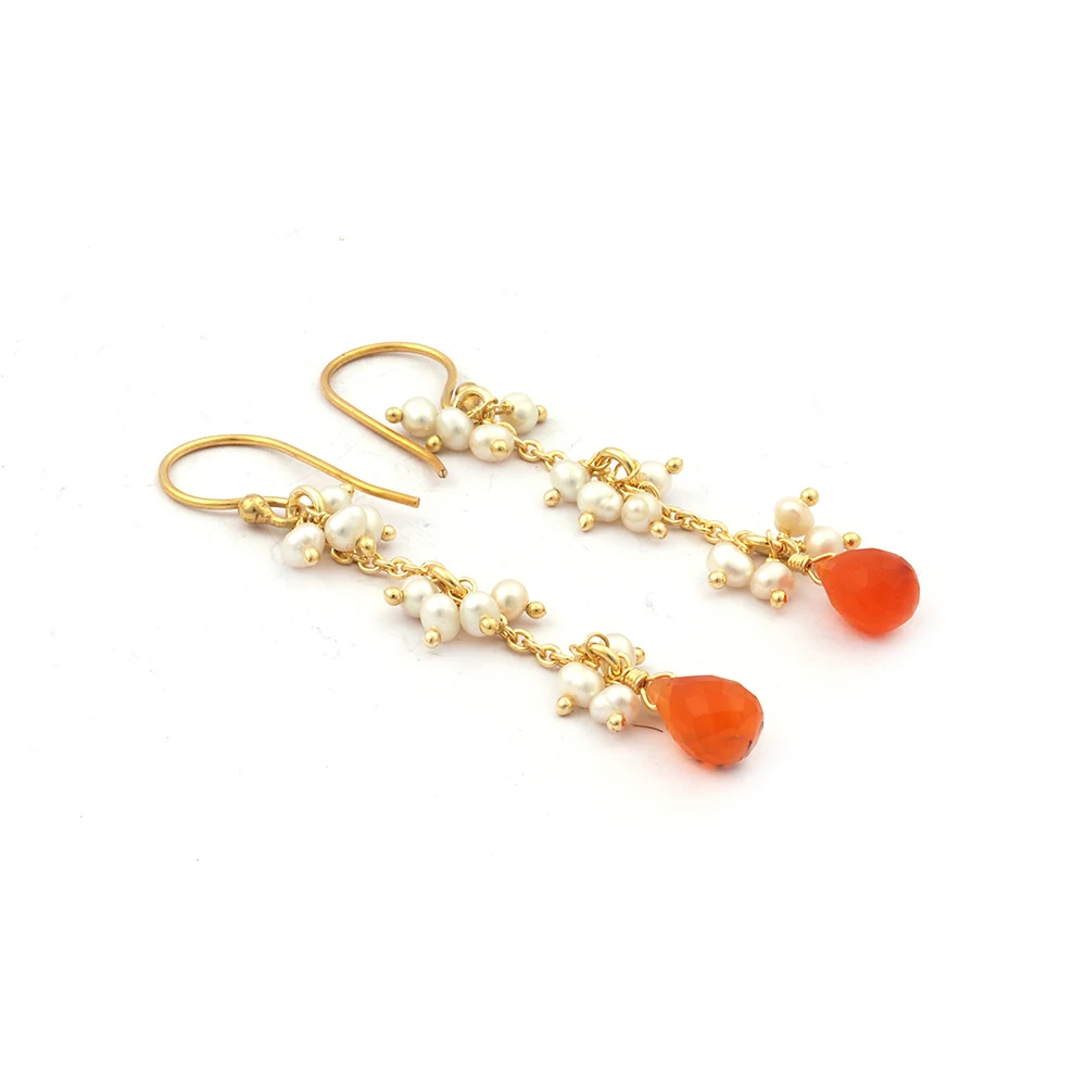 Mode Joyas, Gold Plated Brass Metal Red Carnelian Gemstone Hook Earring Round Stone & Brass Heart Charm Earrings Jewelry. E-585