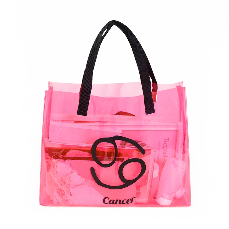 customized 12 constellations big size waterproof transparent pvc travel tote bags clear shopping bag