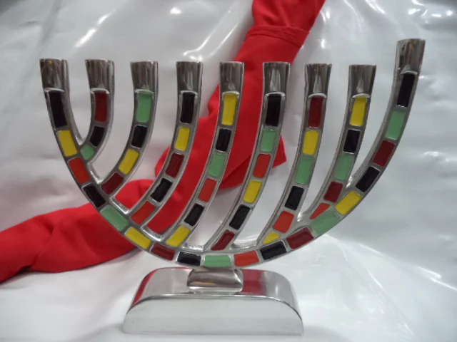 Modern Design Aluminium Candelabra menorah with bone inlay in blue candle stick for hanukkah 7 arms at wholesale price in nickel