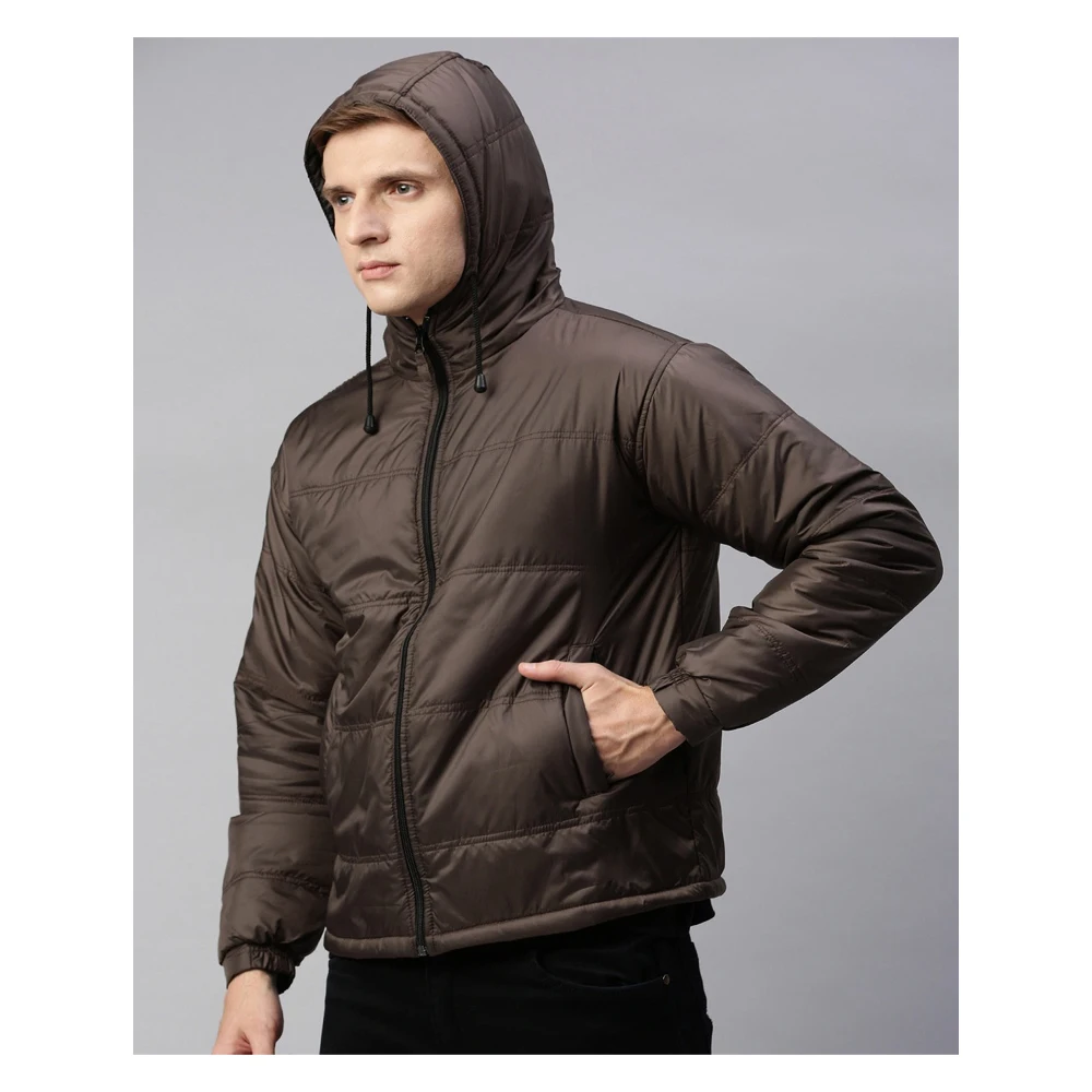 Мужская ветровка с капюшоном темно-коричневая однотонная куртка верхняя одежда для зимы
