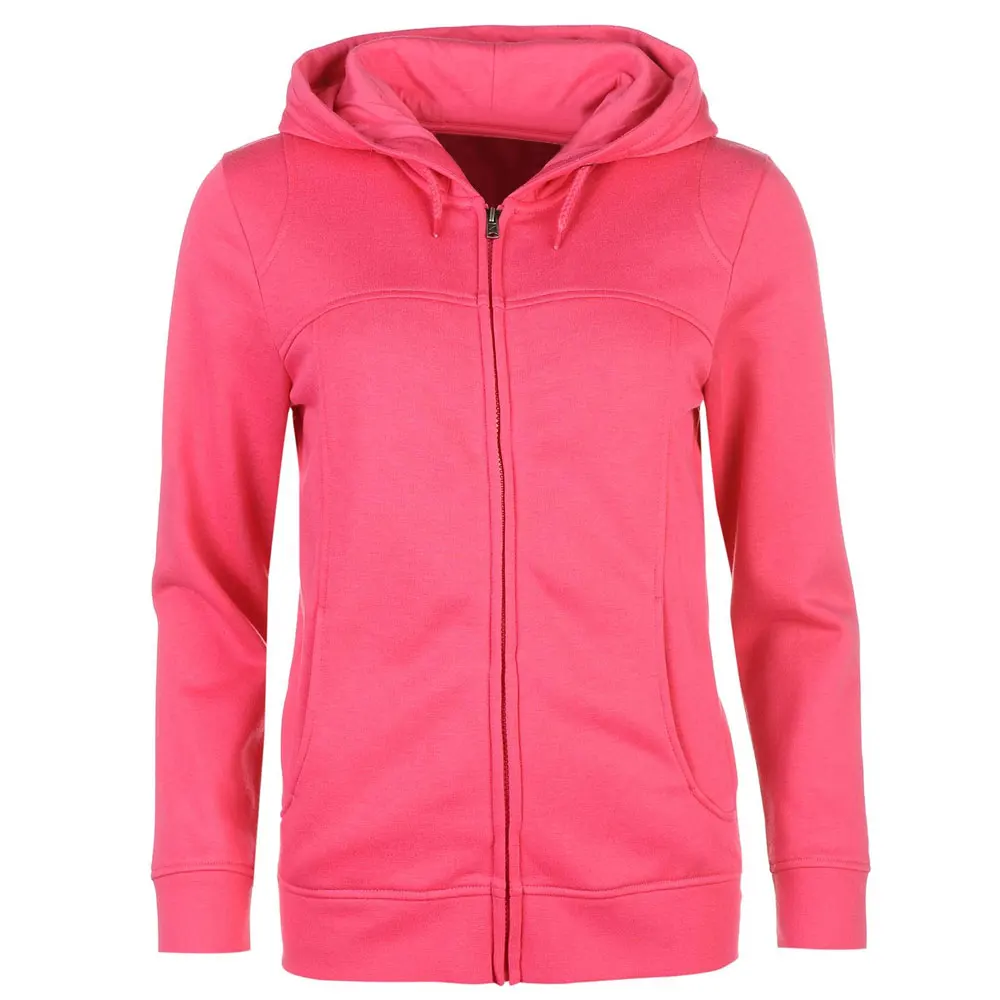 Ladies hoodie  > Full length zip fastening  > Drawstring adjustable hood  > Long Sleeves  > Ribbed cuffs and waistband  >