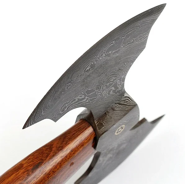 
FABULOUS CUSTOM HAND MADE DESIGN DAMASCUS LOVELY DOUBLE SIDED AXE WITH ROSE WOOD HANDLE WITH SHEATH 