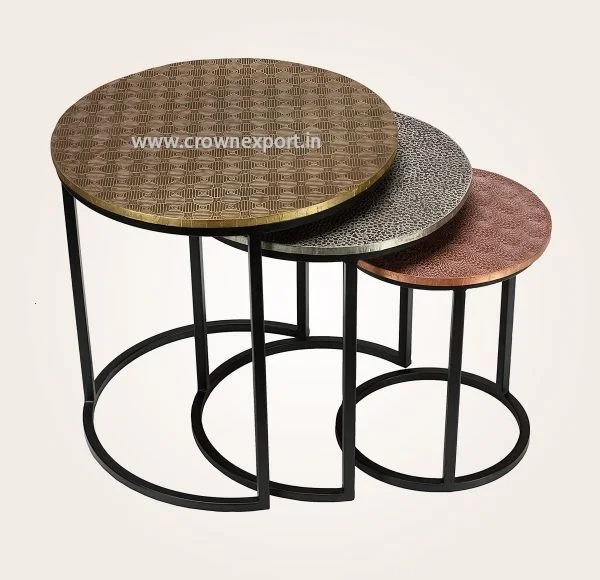 Modern Circular Shape Colorful Engraved Finished Iron Metal Nested Table/ Coffee Table set of 3 for home Decoration Furniture