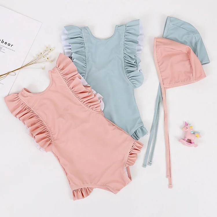 2022 New Arrival Ruffle One-Piece Girls Swimsuit With Hat, Children/Kids/Baby Swimwear For Girls