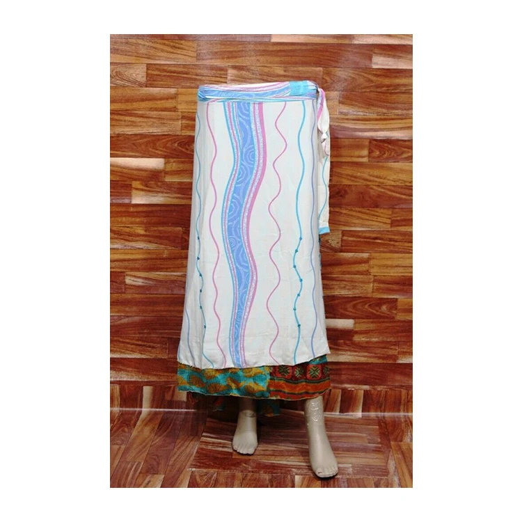 Stylish Floral Wrap Around Gypsy Boho Summer Casual Vintage Chic Floral Silk Sari Elastic Midi Beach Skirt Women Skirt
