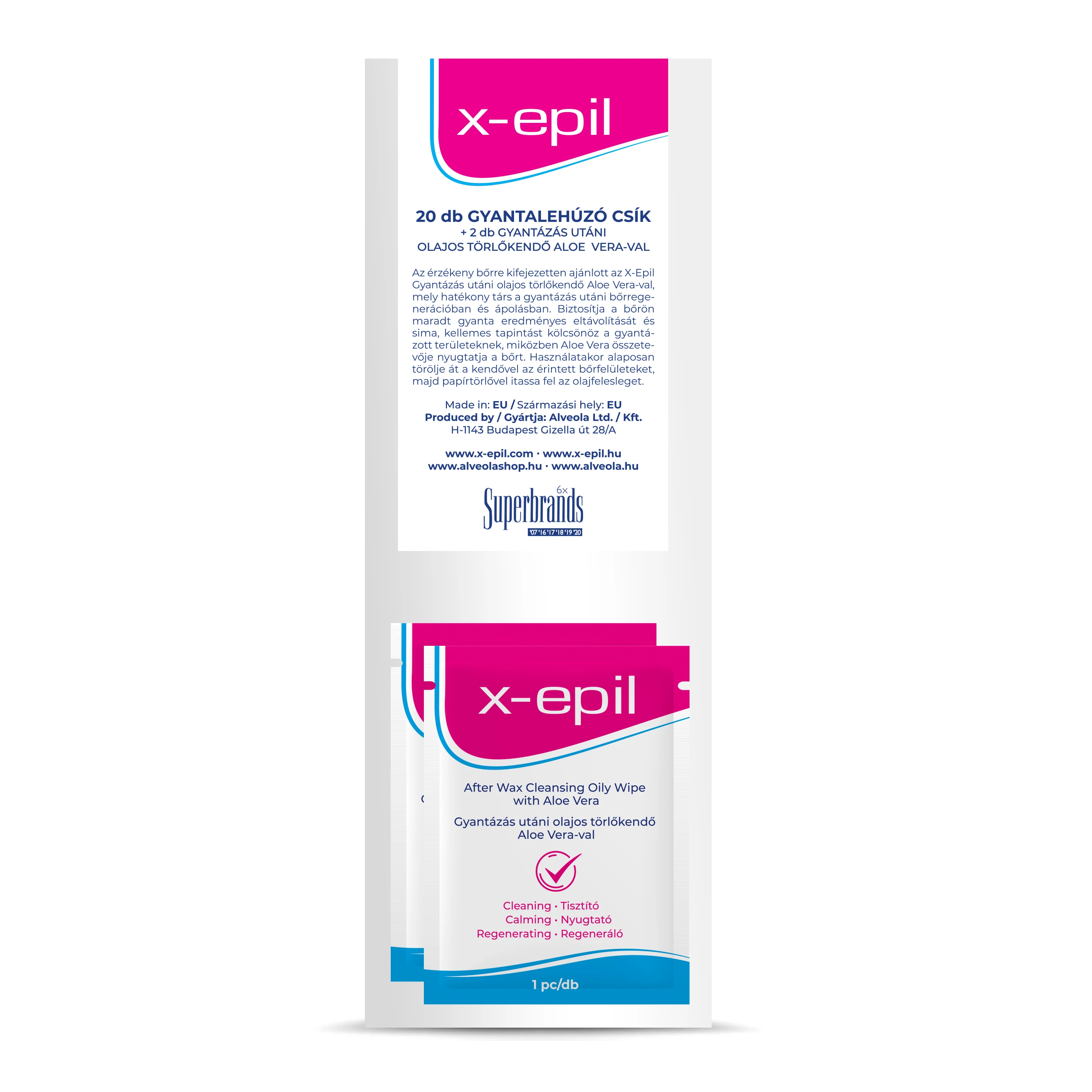 X-Epil 20 pcs Waxing strips + 2 pcs oil wipes with Aloe Vera Textile Wax Strips for Hair Removal