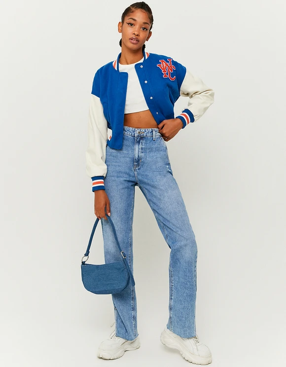 2021 UNIVERSITY BLUE LETTERMAN CROPPED VARSITY JACKET